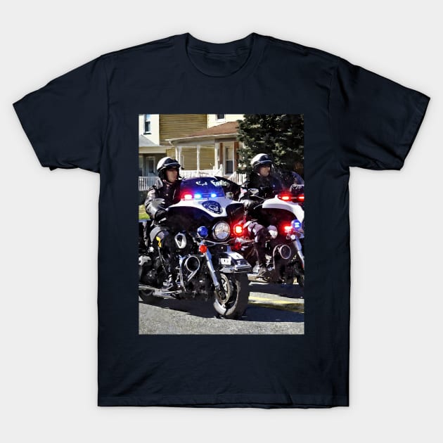 Two Motorcycle Cops With Flashing Lights T-Shirt by SusanSavad